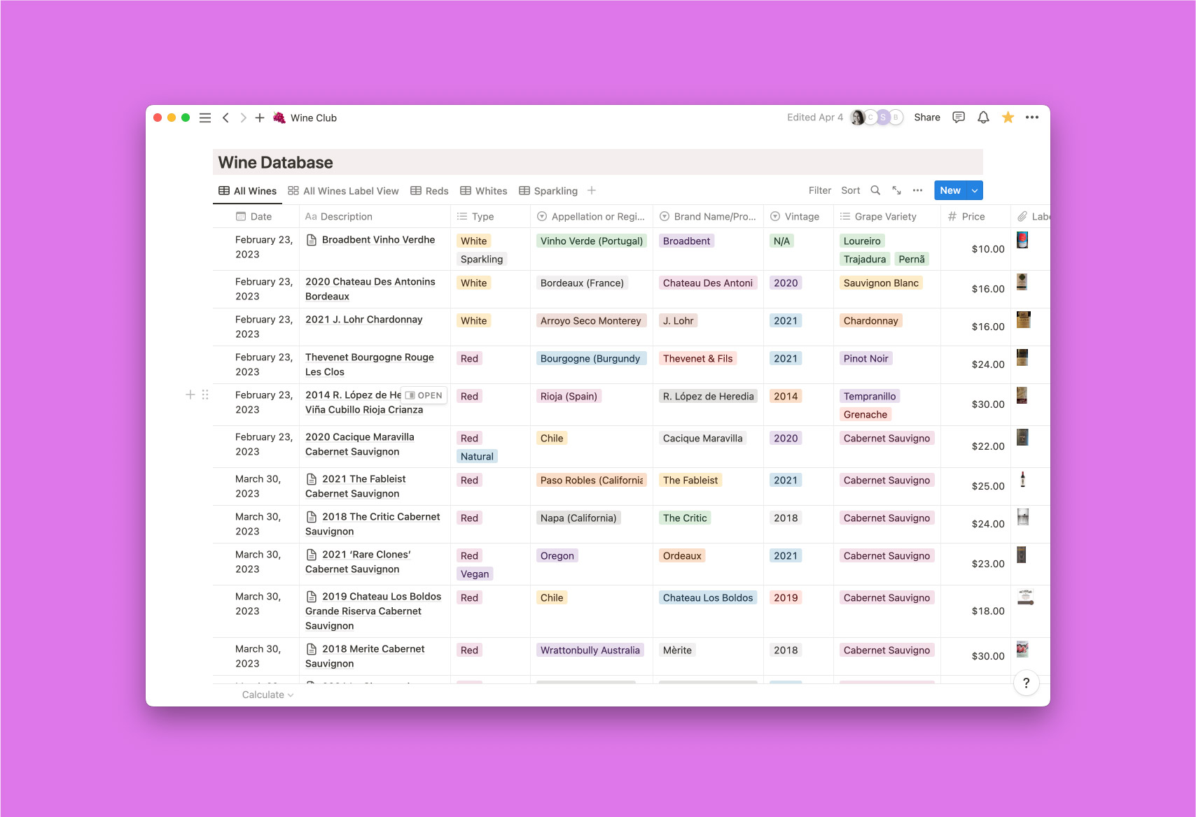 A screenshot of a Notion database listing different wines and their details.